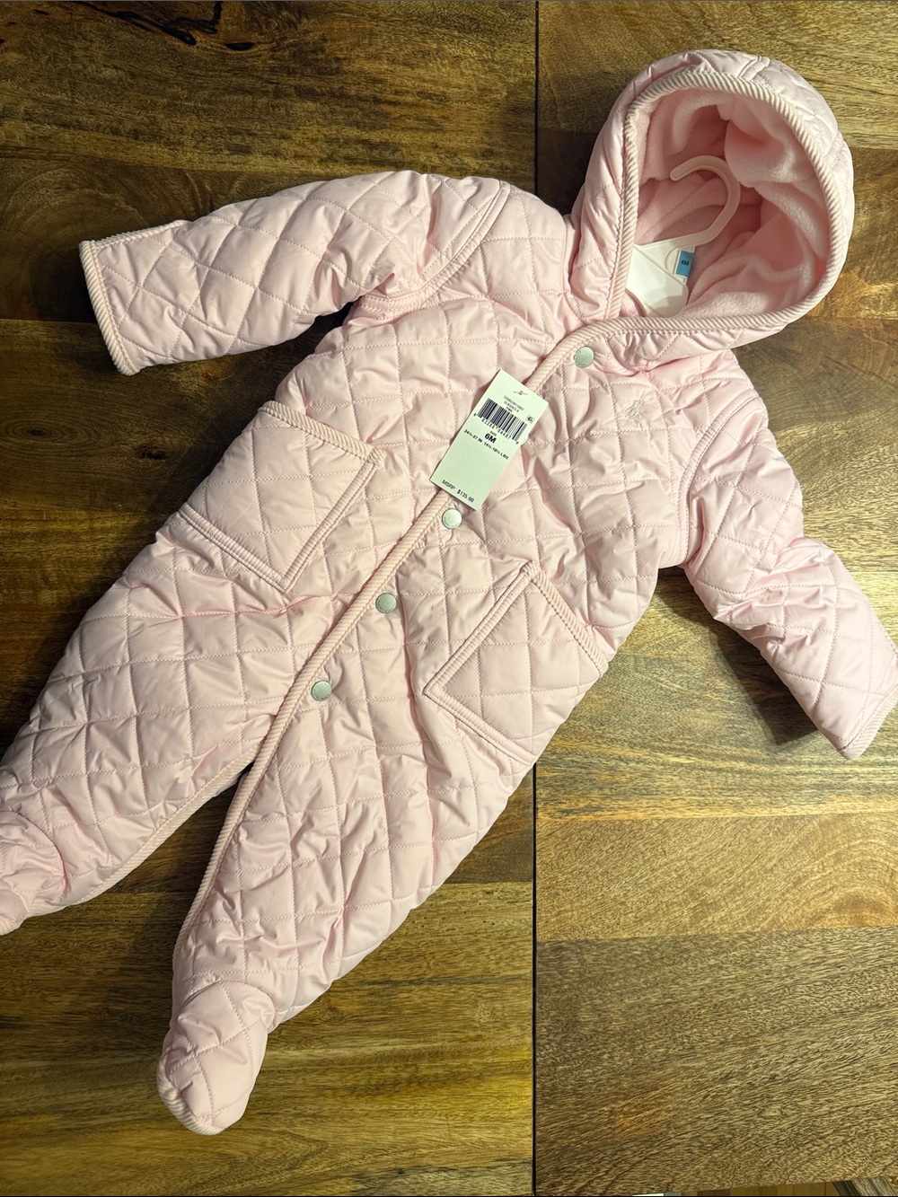 Ralph Lauren Light Pink Quilted Hooded Baby Footed One-Piece